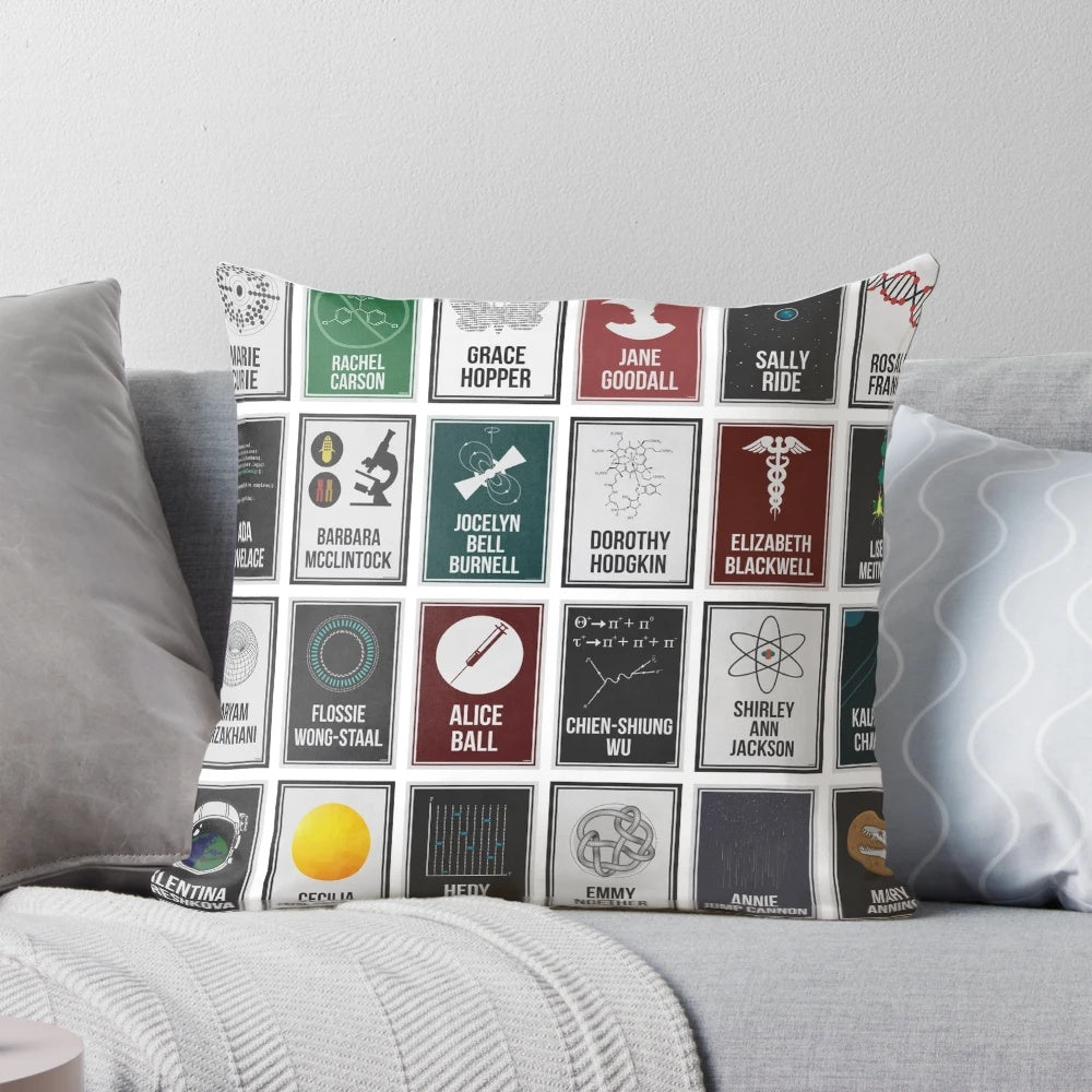 Pillow featuring portraits of 24 influential women in science and STEM fields