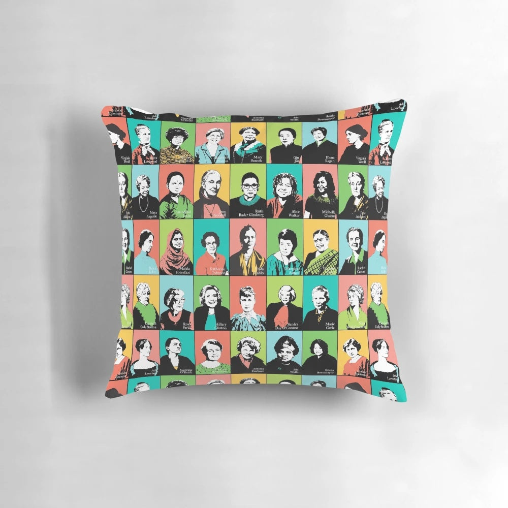 Decorative pillow featuring portraits of influential feminist icons like Ruth Bader Ginsburg, Jane Goodall, and Katherine Johnson.