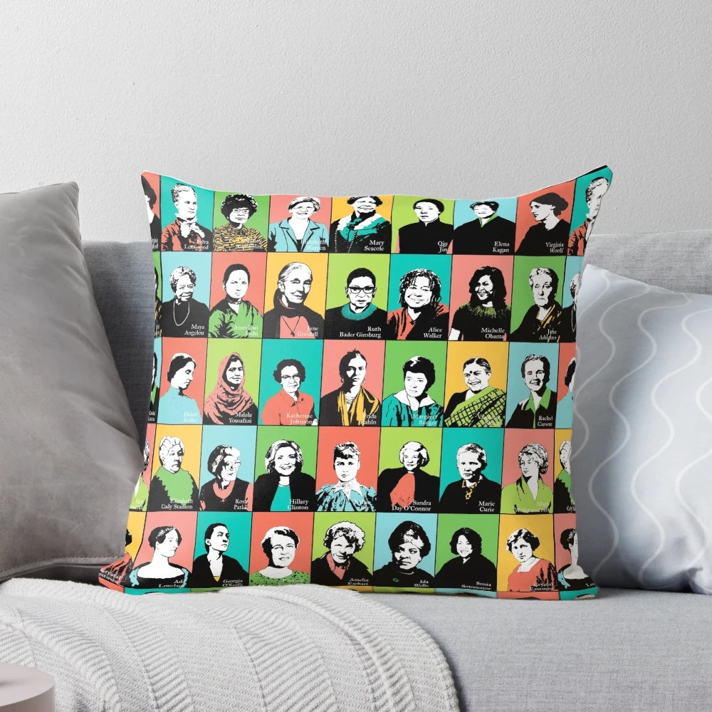 Decorative pillow featuring portraits of influential feminist icons like Ruth Bader Ginsburg, Jane Goodall, and Katherine Johnson.