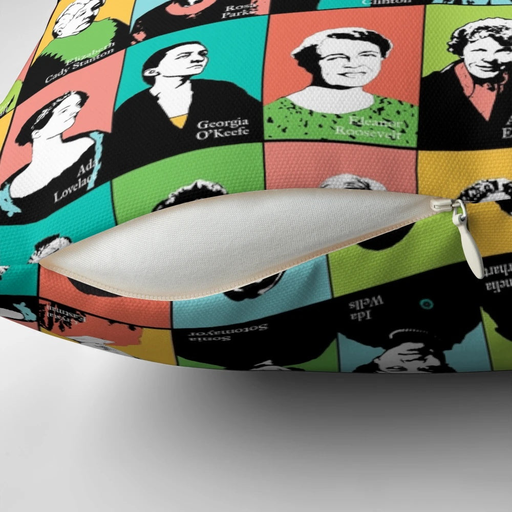 Decorative pillow featuring portraits of influential feminist icons like Ruth Bader Ginsburg, Jane Goodall, and Katherine Johnson.