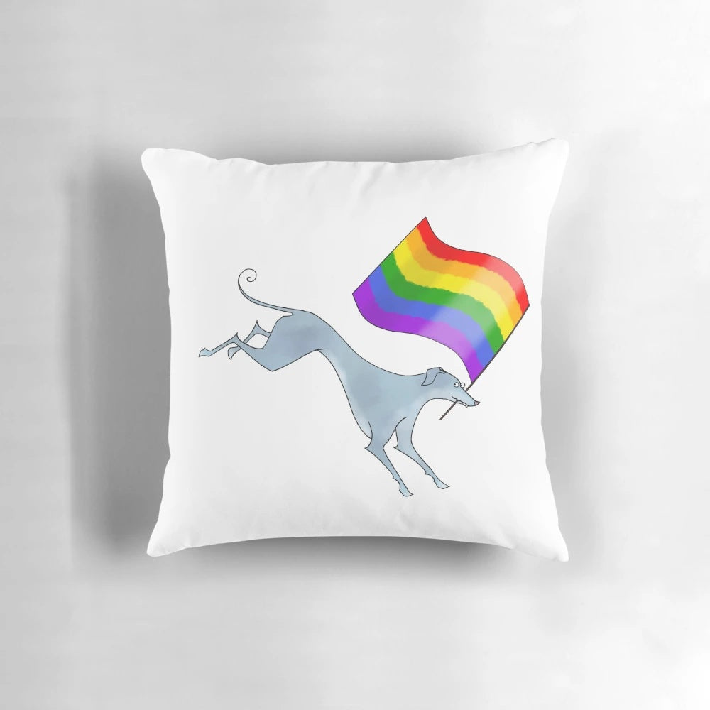 A vibrant 6-color pride flag design featuring a greyhound or sighthound on a soft, plush pillow.