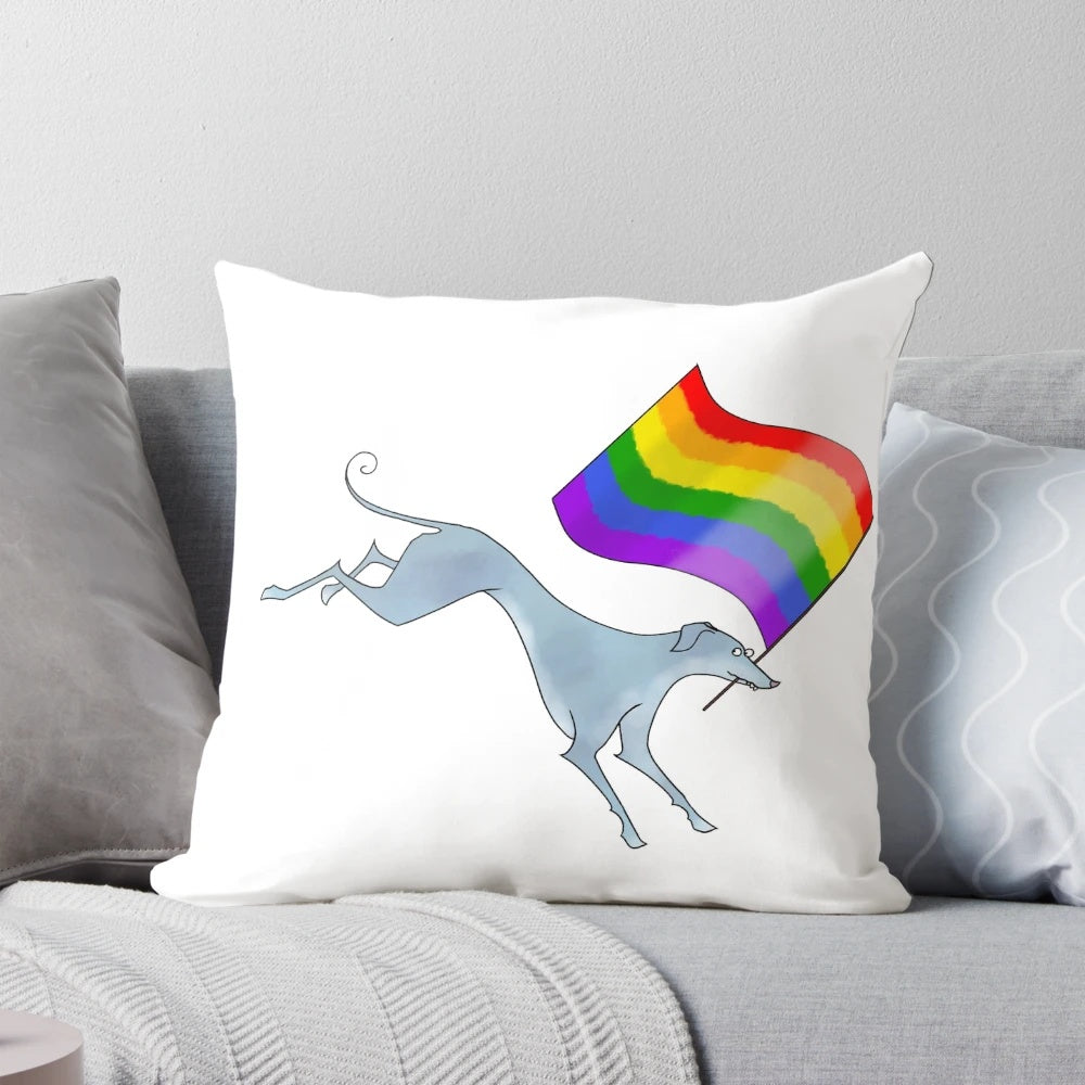 A vibrant 6-color pride flag design featuring a greyhound or sighthound on a soft, plush pillow.