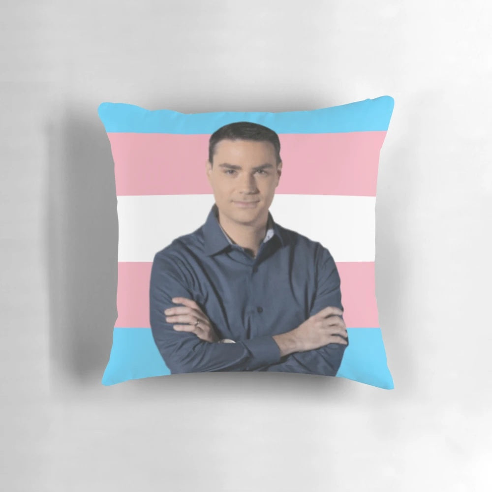 Colorful trans pride-themed pillow featuring conservative pundit Ben Shapiro