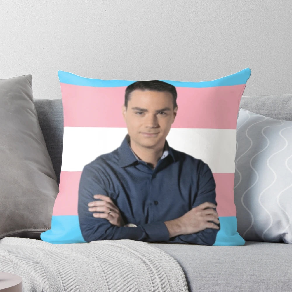Colorful trans pride-themed pillow featuring conservative pundit Ben Shapiro