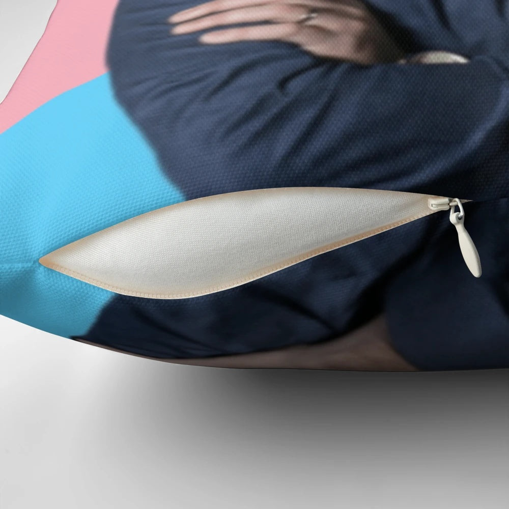 Colorful trans pride-themed pillow featuring conservative pundit Ben Shapiro