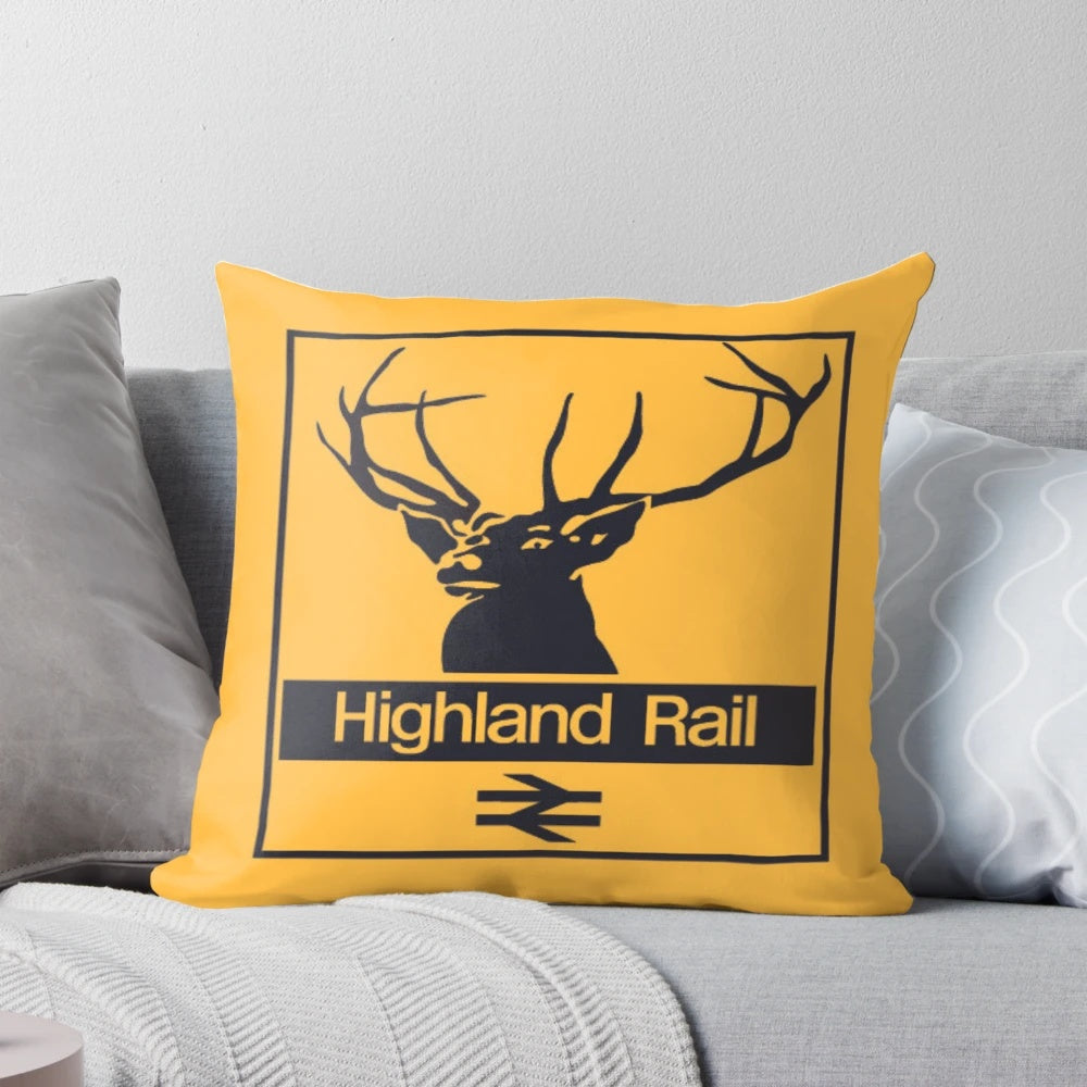 Scottish railway-inspired pillow with British Rail and ScotRail Highland Rail logos