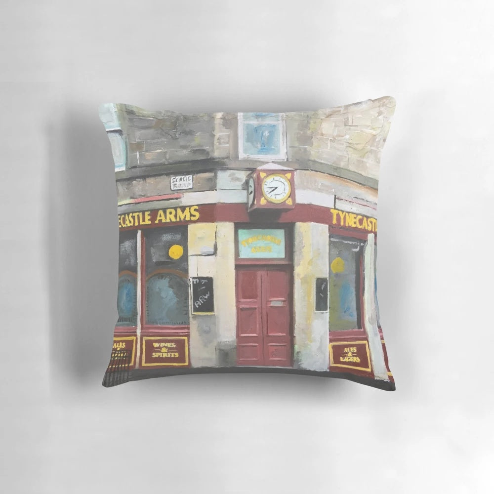 Pillow featuring the iconic Tynecastle Arms pub in Edinburgh, Scotland, home of the Hearts of Midlothian football club.