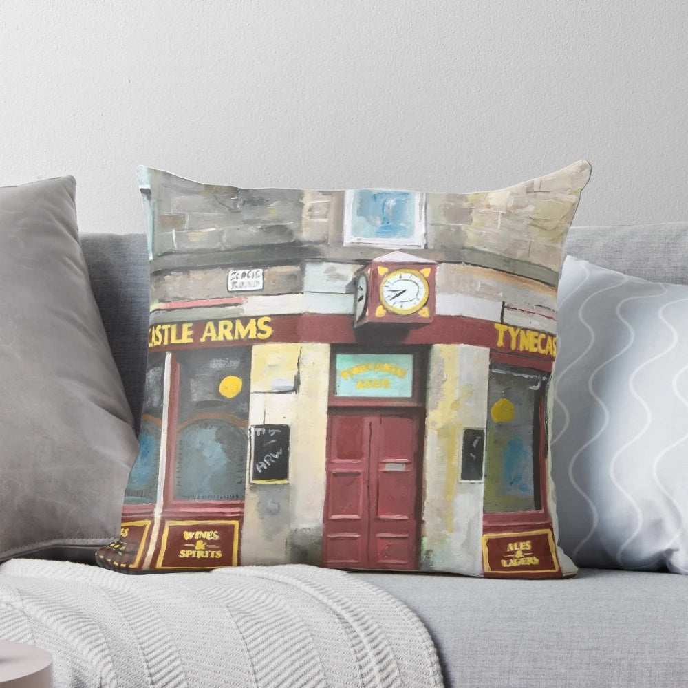 Pillow featuring the iconic Tynecastle Arms pub in Edinburgh, Scotland, home of the Hearts of Midlothian football club.