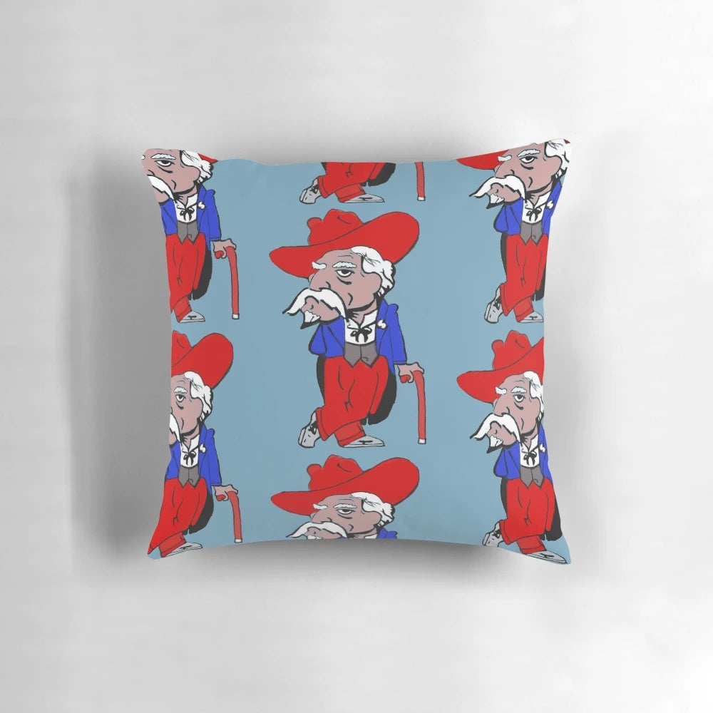 College football-inspired decorative pillow featuring the Col. Reb mascot in blue and white