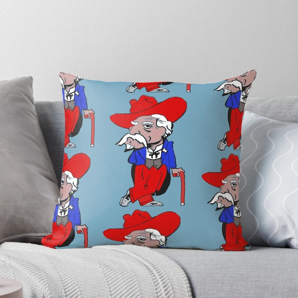 College football-inspired decorative pillow featuring the Col. Reb mascot in blue and white