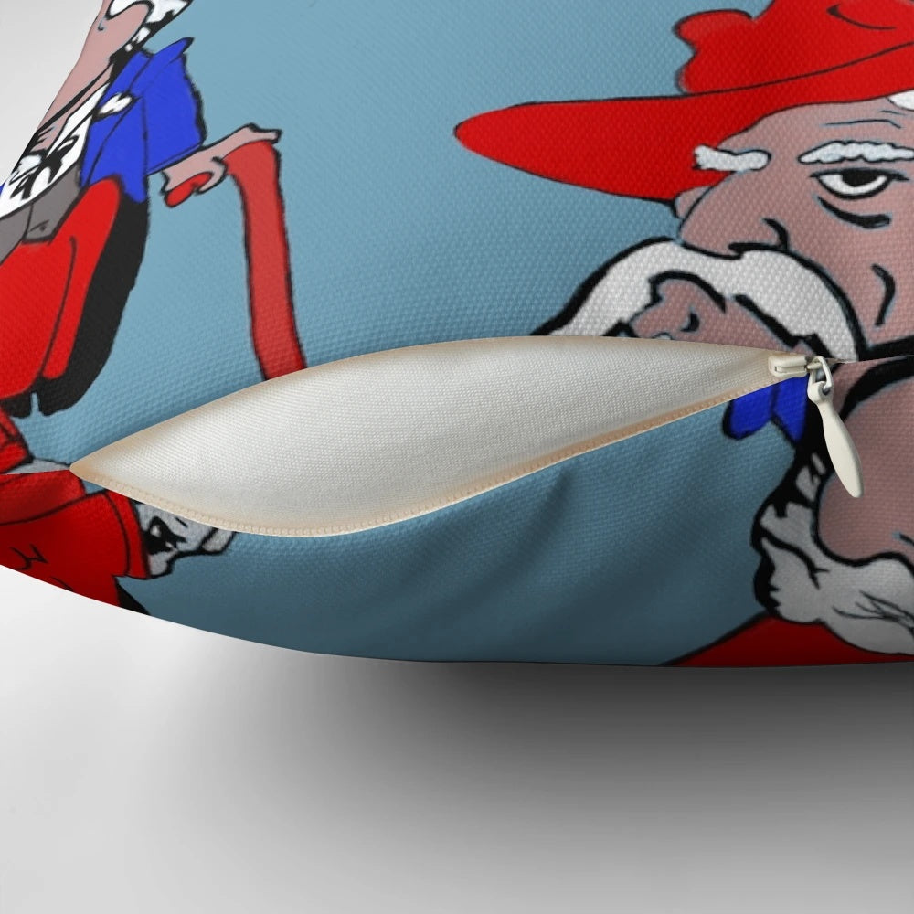College football-inspired decorative pillow featuring the Col. Reb mascot in blue and white