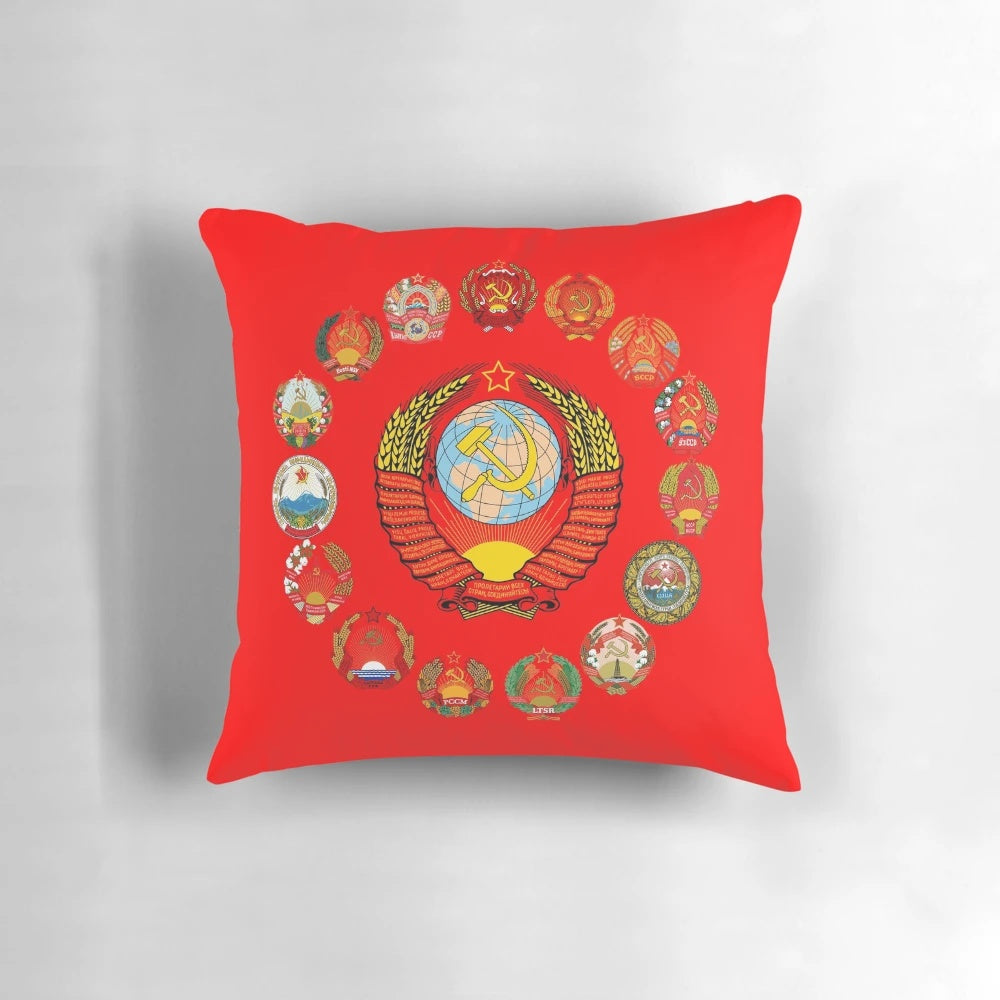 Decorative pillow featuring the classic hammer and sickle symbol of the Soviet Union