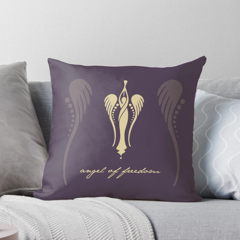 Decorative throw pillow featuring an angel design in tribute to Sylvia Pankhurst and the women's suffrage movement