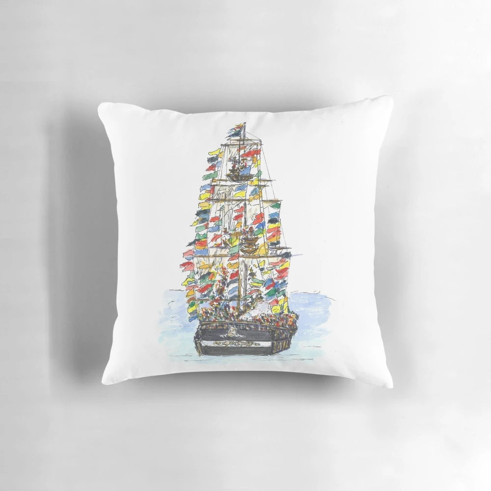 Pillow featuring a watercolor and ink sketch of the Gasparilla Pirate Festival in Tampa, Florida