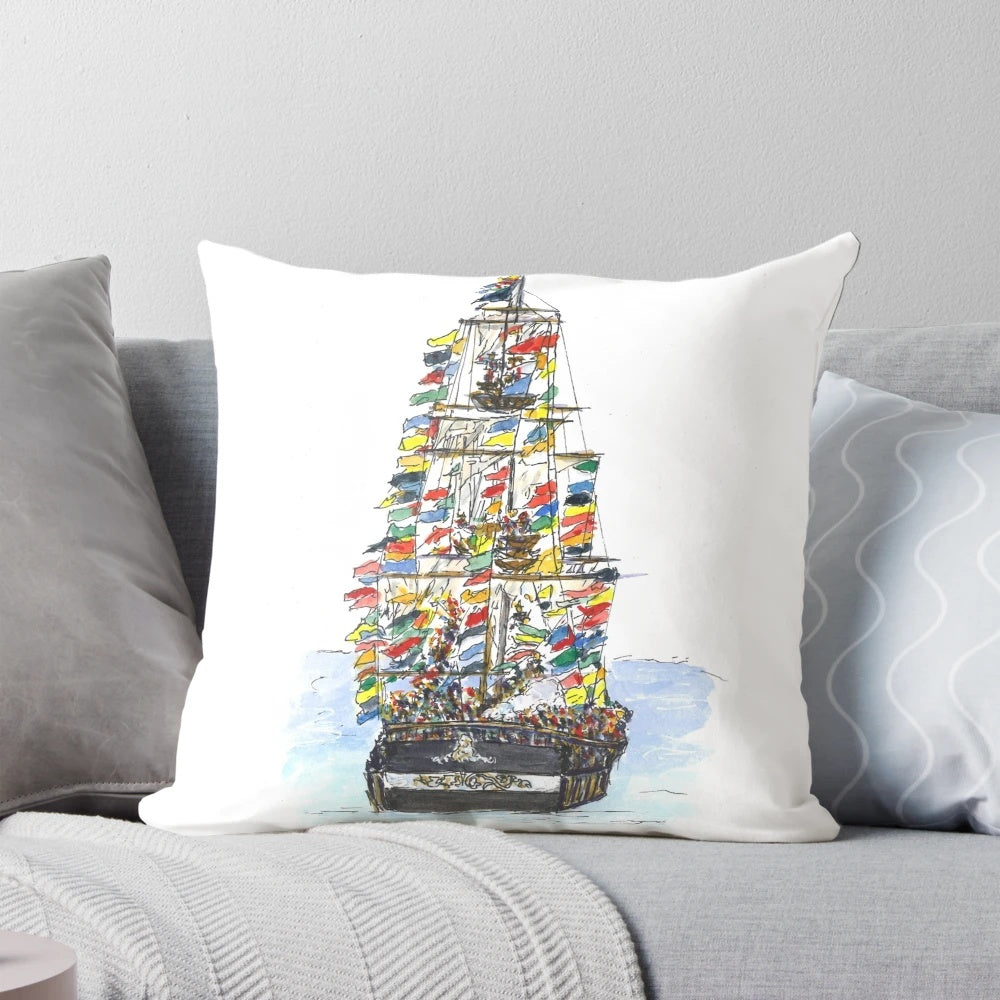 Pillow featuring a watercolor and ink sketch of the Gasparilla Pirate Festival in Tampa, Florida