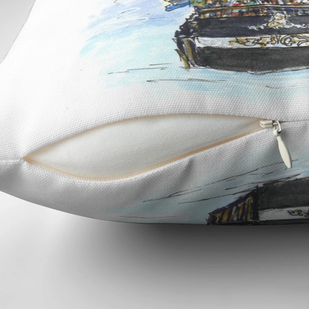 Pillow featuring a watercolor and ink sketch of the Gasparilla Pirate Festival in Tampa, Florida