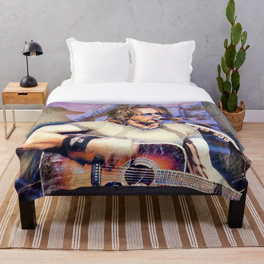 Rick Springfield inspired plush blanket with guitar and 80s music imagery