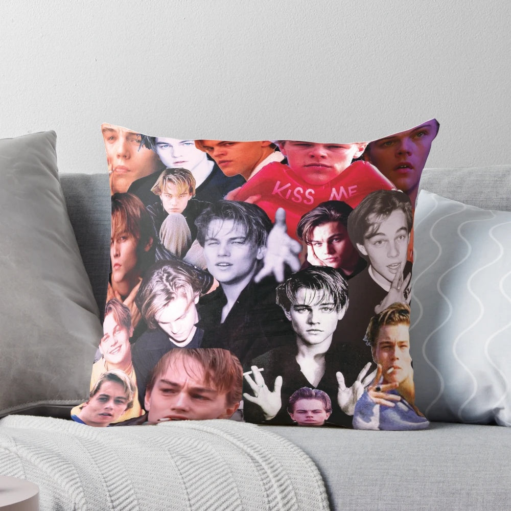 Plush 90s-inspired pillow featuring the image of iconic actor Leonardo DiCaprio