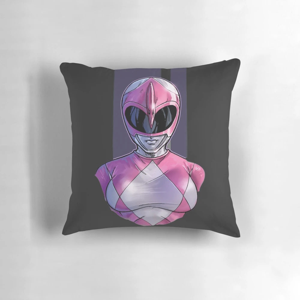 A vibrant pink pillow featuring the beloved Pink Ranger from the classic Power Rangers series.