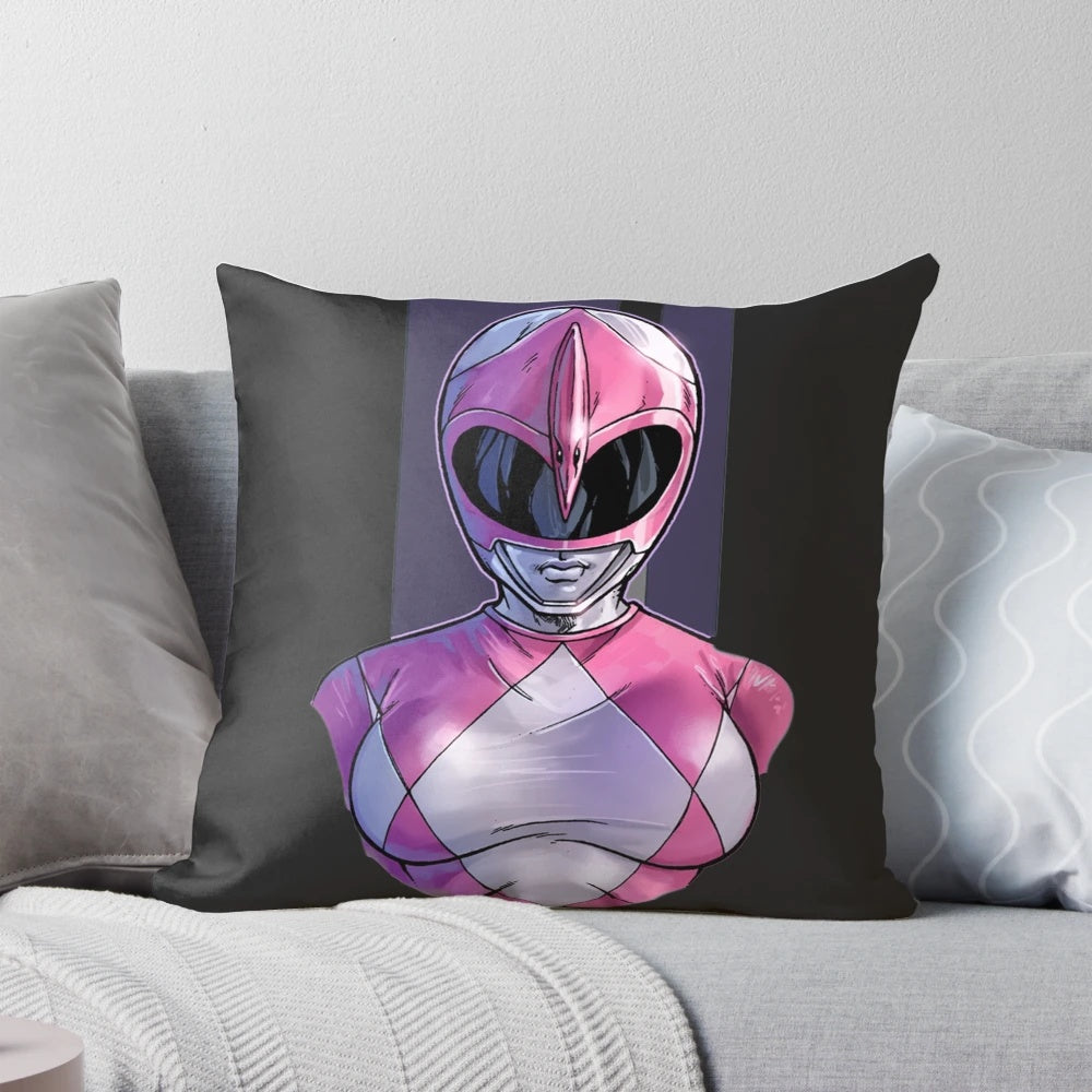 A vibrant pink pillow featuring the beloved Pink Ranger from the classic Power Rangers series.