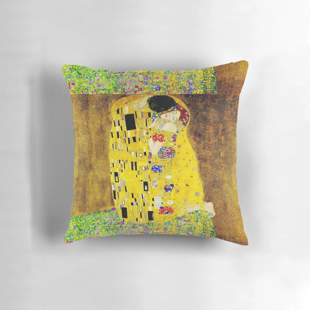 Pillow featuring Gustav Klimt's iconic painting "The Kiss" showcasing the art nouveau style and the female figure in art