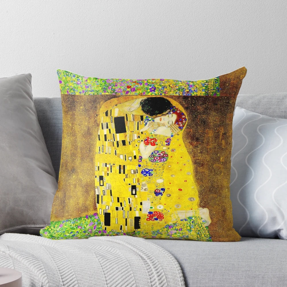 Pillow featuring Gustav Klimt's iconic painting "The Kiss" showcasing the art nouveau style and the female figure in art