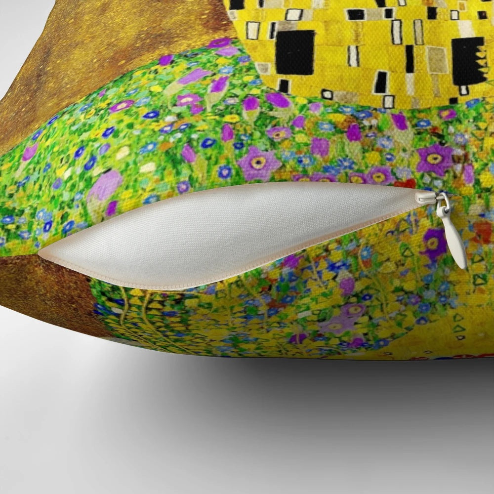 Pillow featuring Gustav Klimt's iconic painting "The Kiss" showcasing the art nouveau style and the female figure in art
