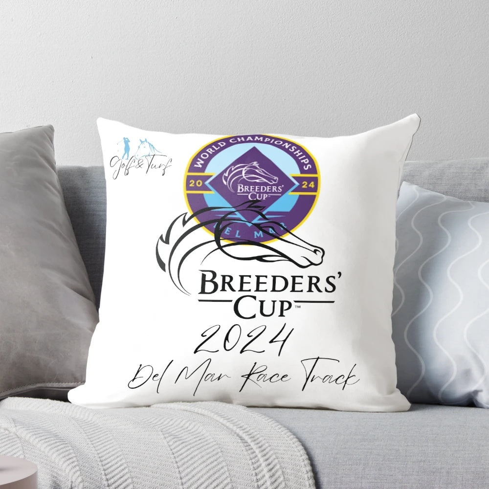 Colorful Pillow depicting the Breeders Cup 2024 horse racing event at Del Mar Racetrack