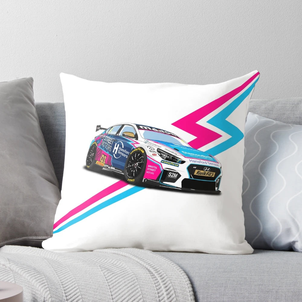 Pillow featuring the 2022 BTCC Champion Tom Ingram and his Hyundai i30 Fastback race car