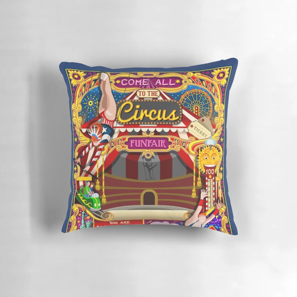 Colorful circus-themed pillow with acrobats, tents, and festive elements