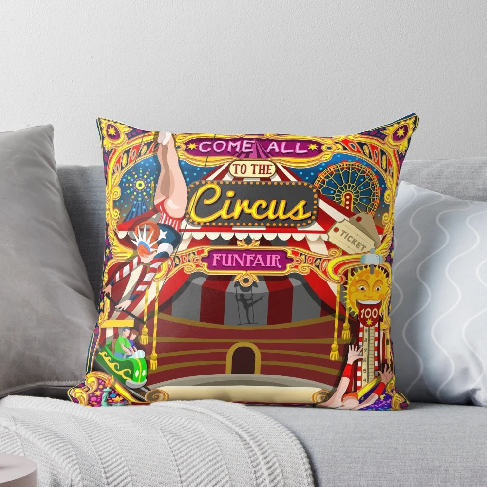 Colorful circus-themed pillow with acrobats, tents, and festive elements