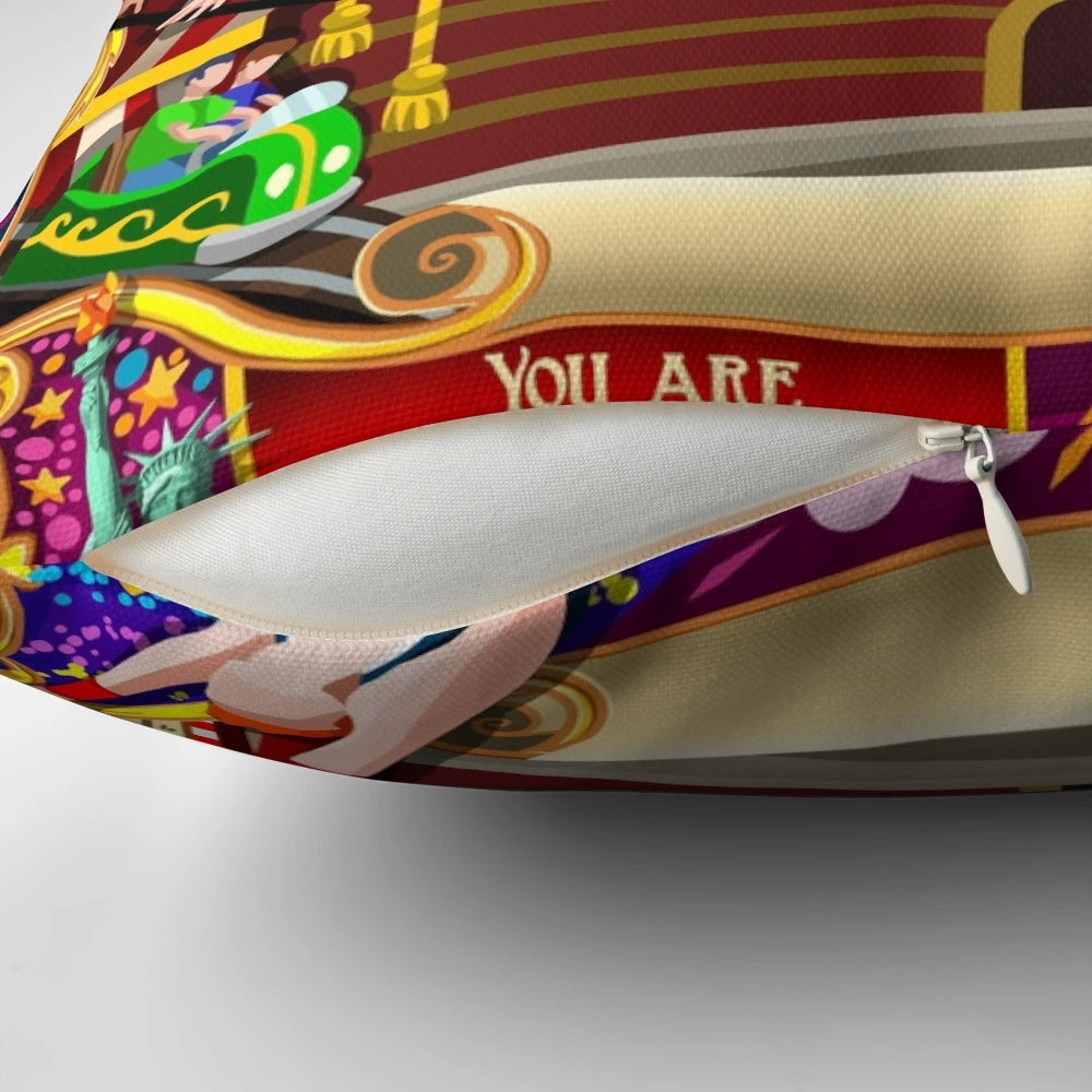 Colorful circus-themed pillow with acrobats, tents, and festive elements