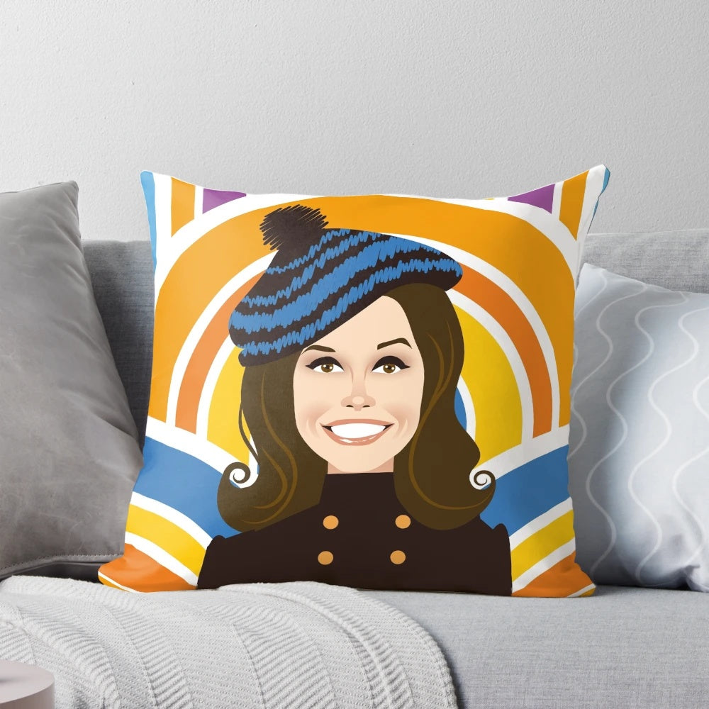 Vintage-inspired throw pillow featuring the iconic Mary Tyler Moore from the classic TV comedy series