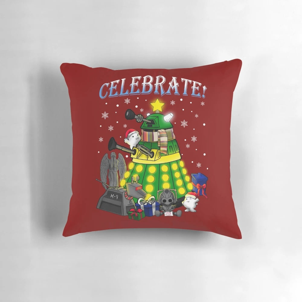 Celebrate! Pillow featuring the TARDIS, Daleks, and other iconic Doctor Who elements