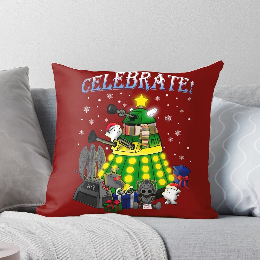 Celebrate! Pillow featuring the TARDIS, Daleks, and other iconic Doctor Who elements