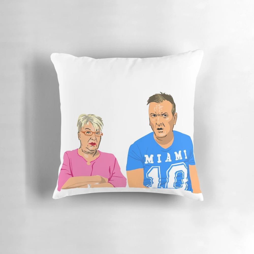 Decorative pillow featuring Jenny and Lee from the hit TV show Gogglebox