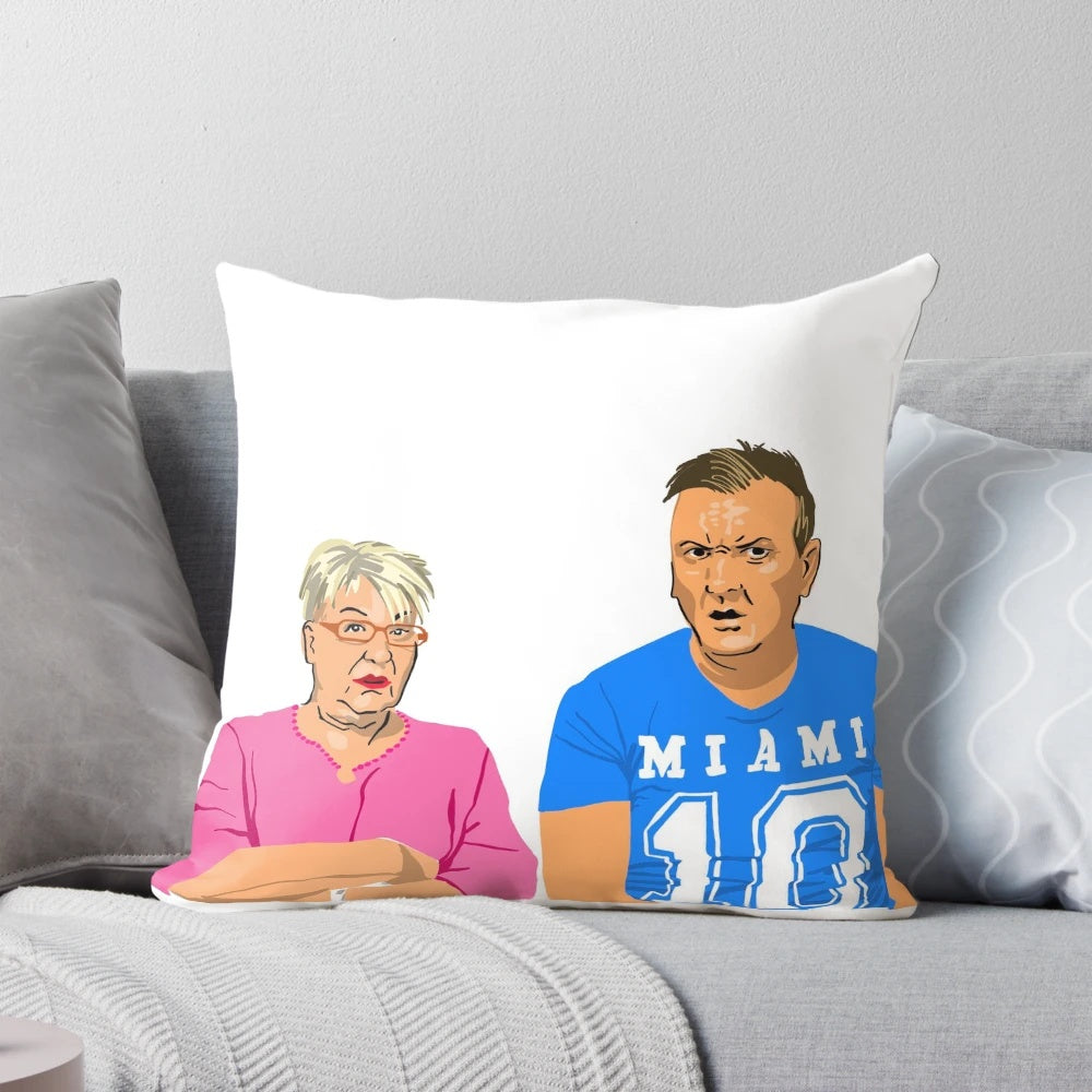 Decorative pillow featuring Jenny and Lee from the hit TV show Gogglebox