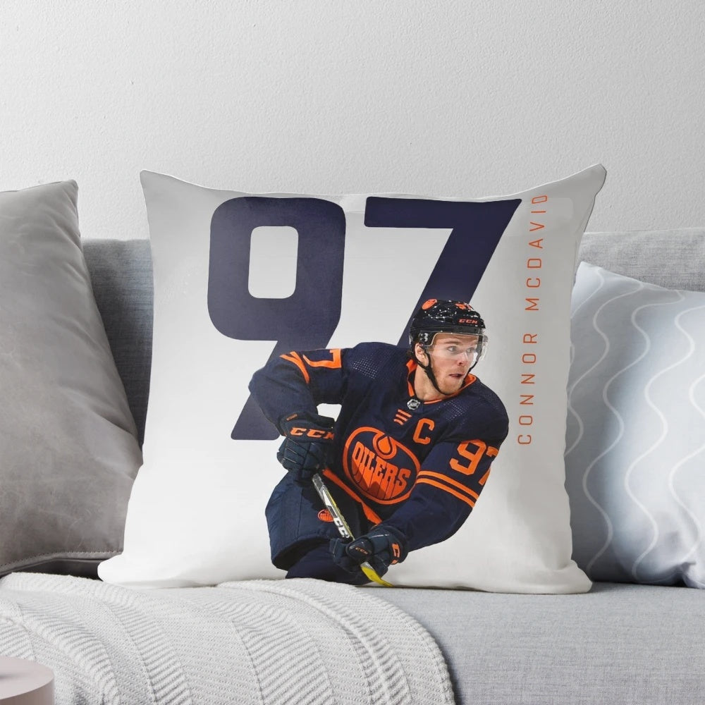 Vibrant illustration of hockey star Connor McDavid on a soft, plush pillow