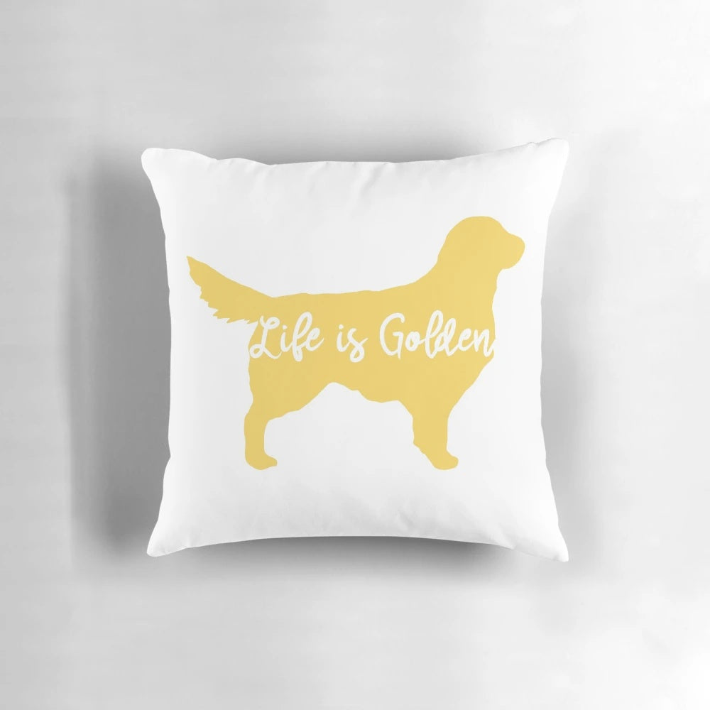A plush golden retriever pillow with the text "Life is Golden" on a white background.