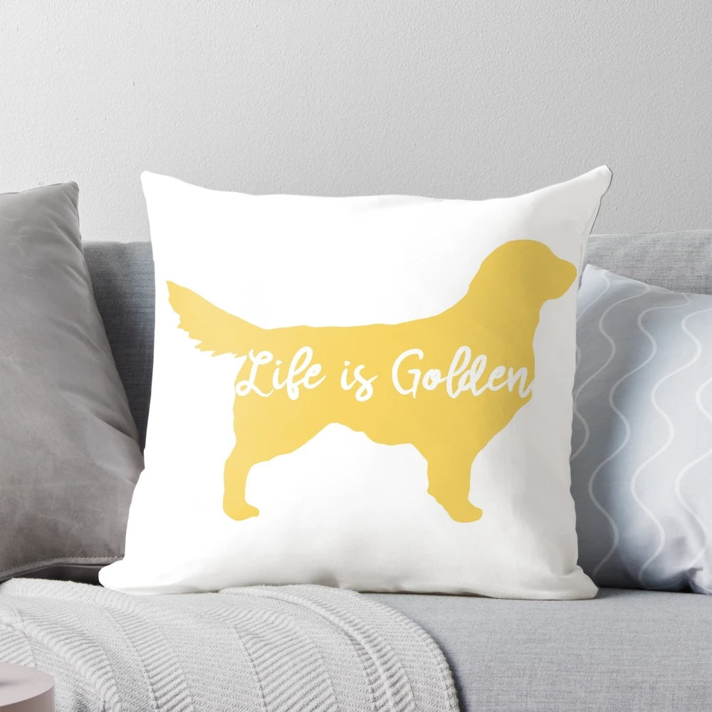 A plush golden retriever pillow with the text "Life is Golden" on a white background.