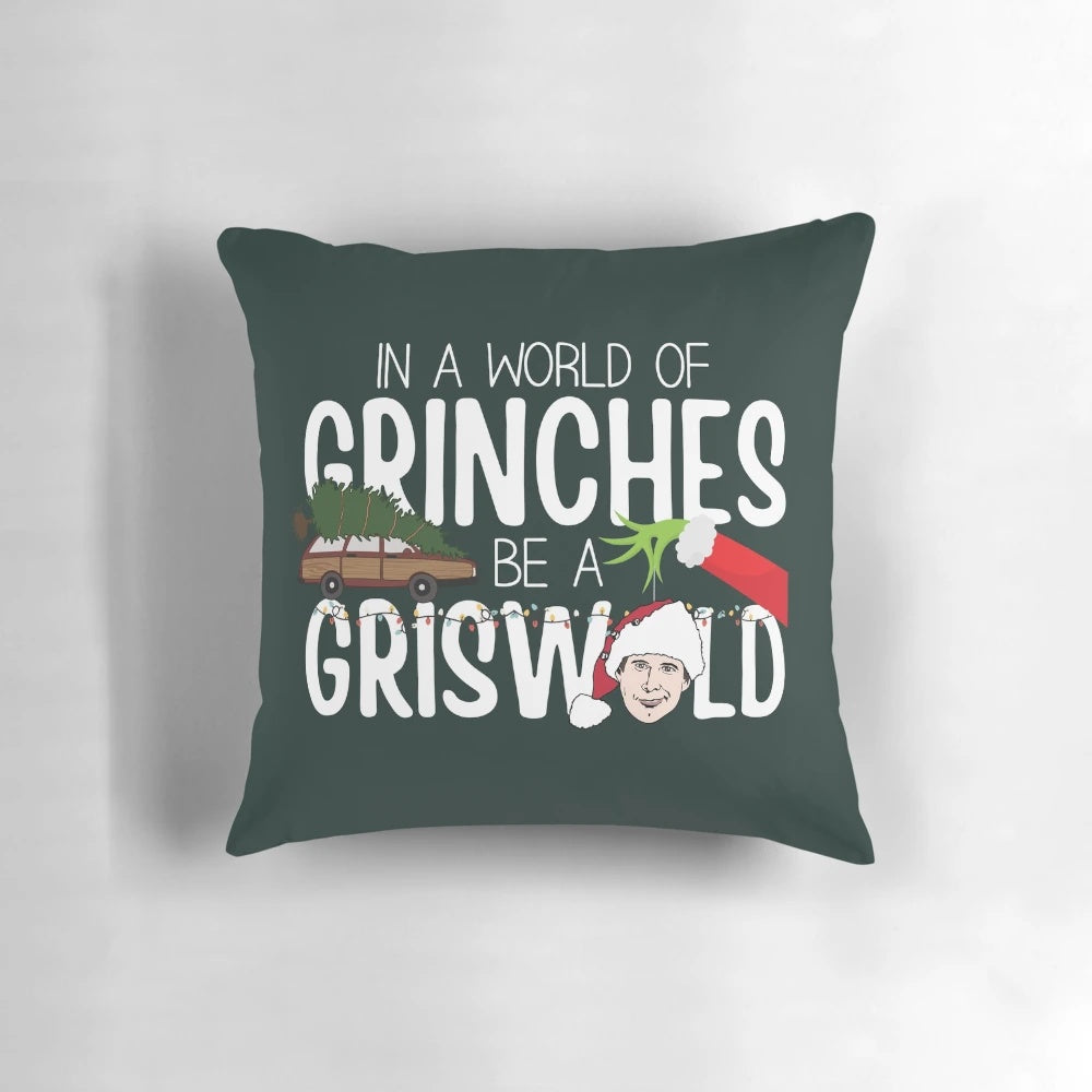 Clark Griswold and the Griswold family from the classic Christmas movie "Christmas Vacation" on a decorative holiday pillow.