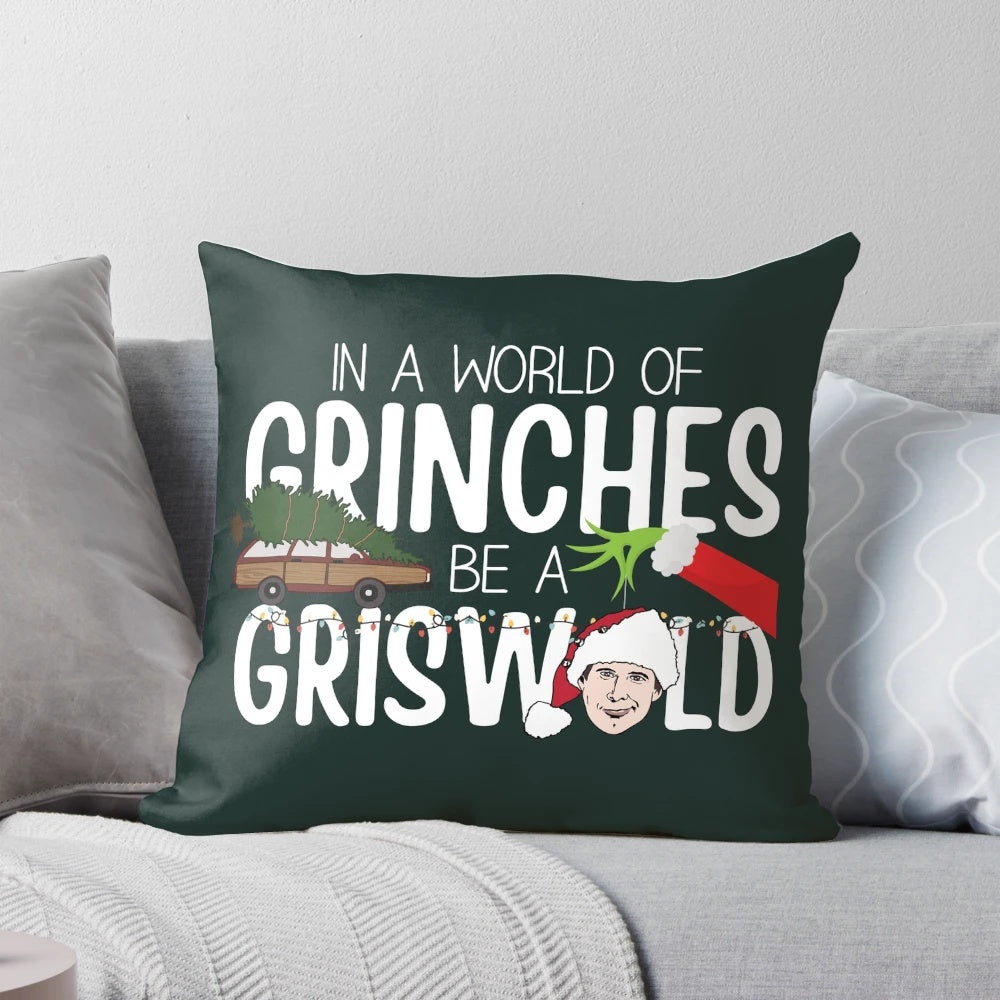 Clark Griswold and the Griswold family from the classic Christmas movie "Christmas Vacation" on a decorative holiday pillow.
