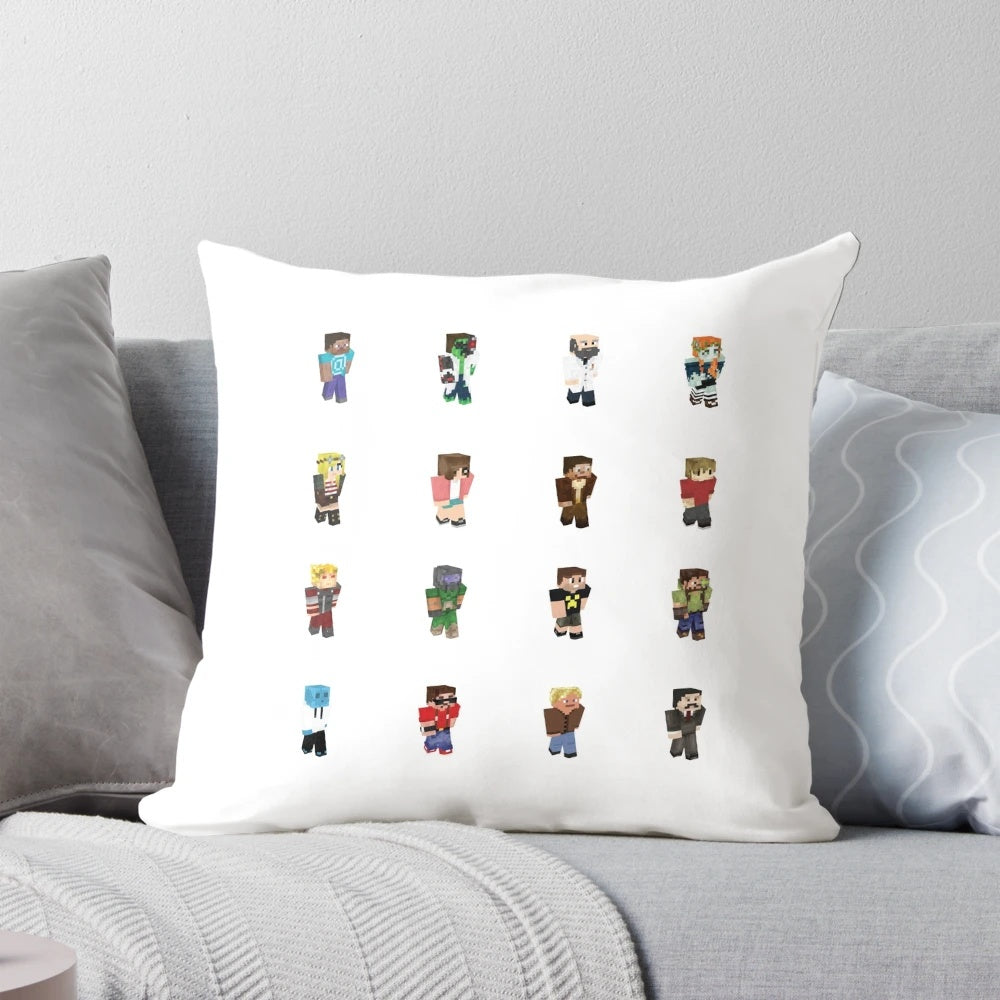 Hermitcraft-themed throw pillow featuring Grian, Mumbo Jumbo, and Iskall85
