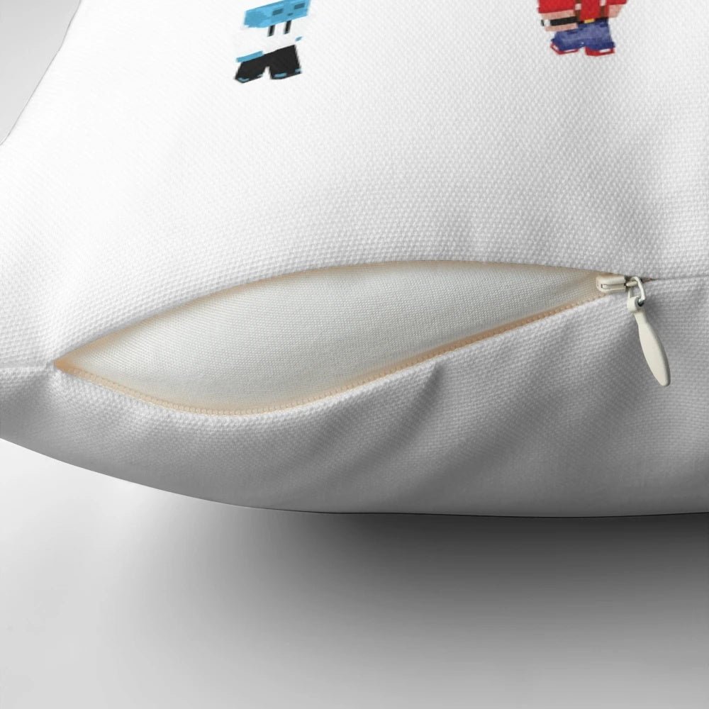Hermitcraft-themed throw pillow featuring Grian, Mumbo Jumbo, and Iskall85