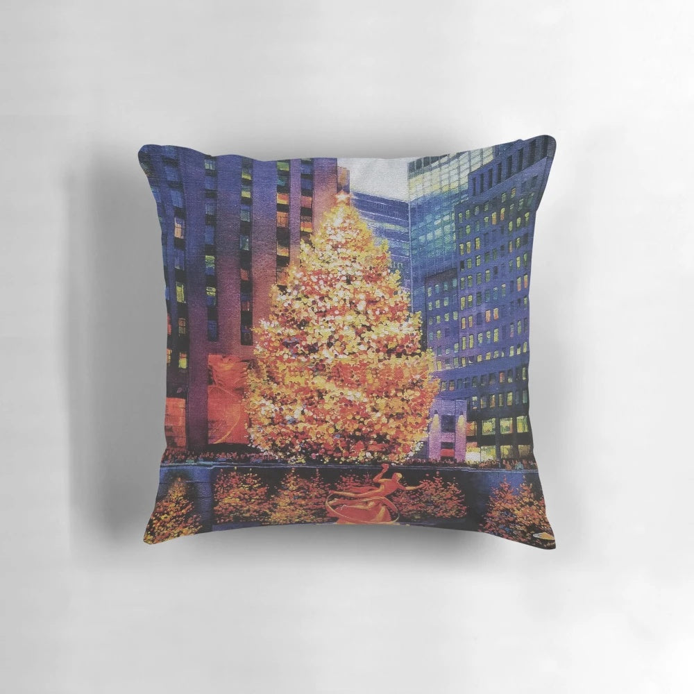 Festive Christmas tree pillow with the iconic Rockefeller Center and New York City skyline