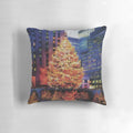 Festive Christmas tree pillow with the iconic Rockefeller Center and New York City skyline