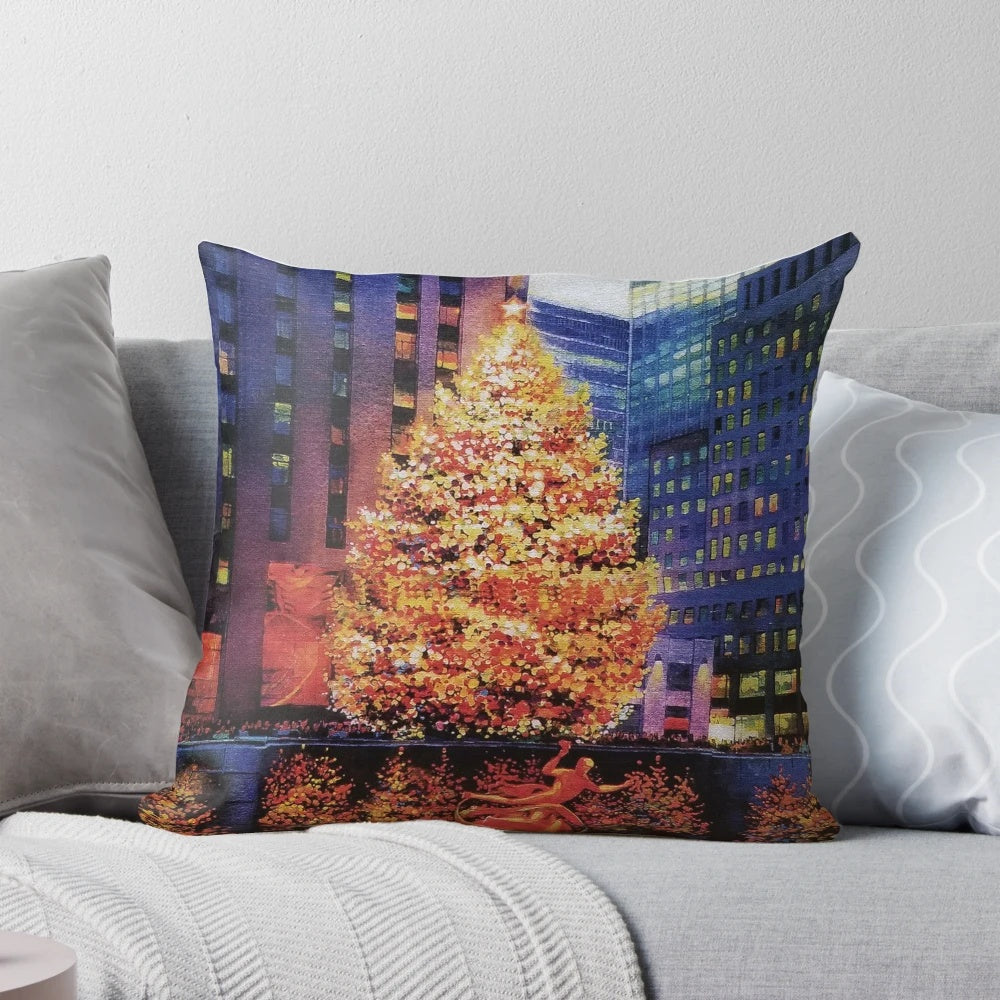 Festive Christmas tree pillow with the iconic Rockefeller Center and New York City skyline