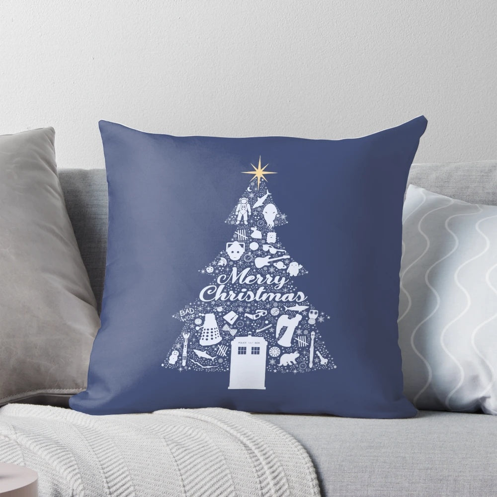 Doctor Who-themed Christmas pillow with Santa and Christmas tree
