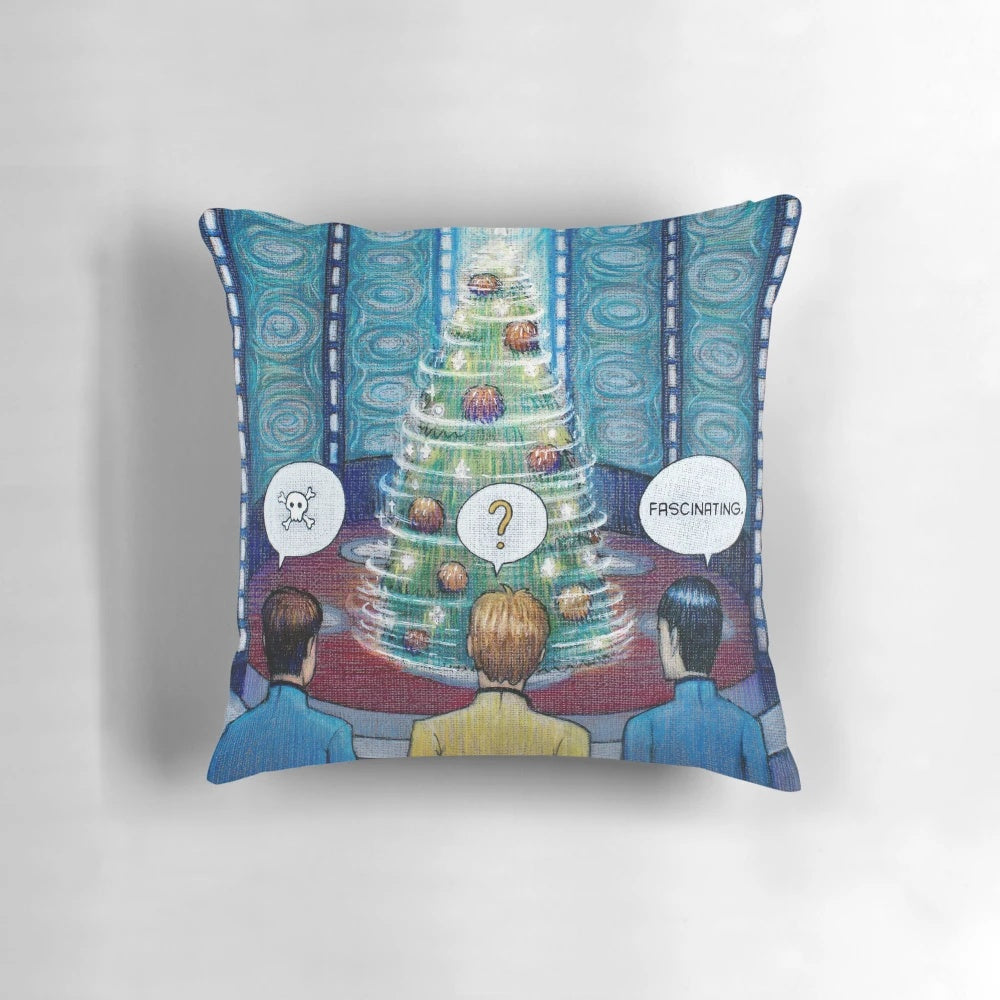 A decorative Star Trek-themed Christmas pillow with the USS Enterprise and iconic characters.