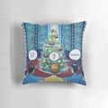 A decorative Star Trek-themed Christmas pillow with the USS Enterprise and iconic characters.